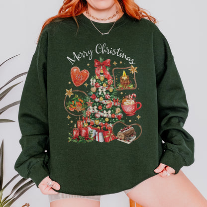 Vintage Merry Christmas Sweatshirt – Christmas Tree Candy Cane Hot Cocoa Holiday Sweatshirt