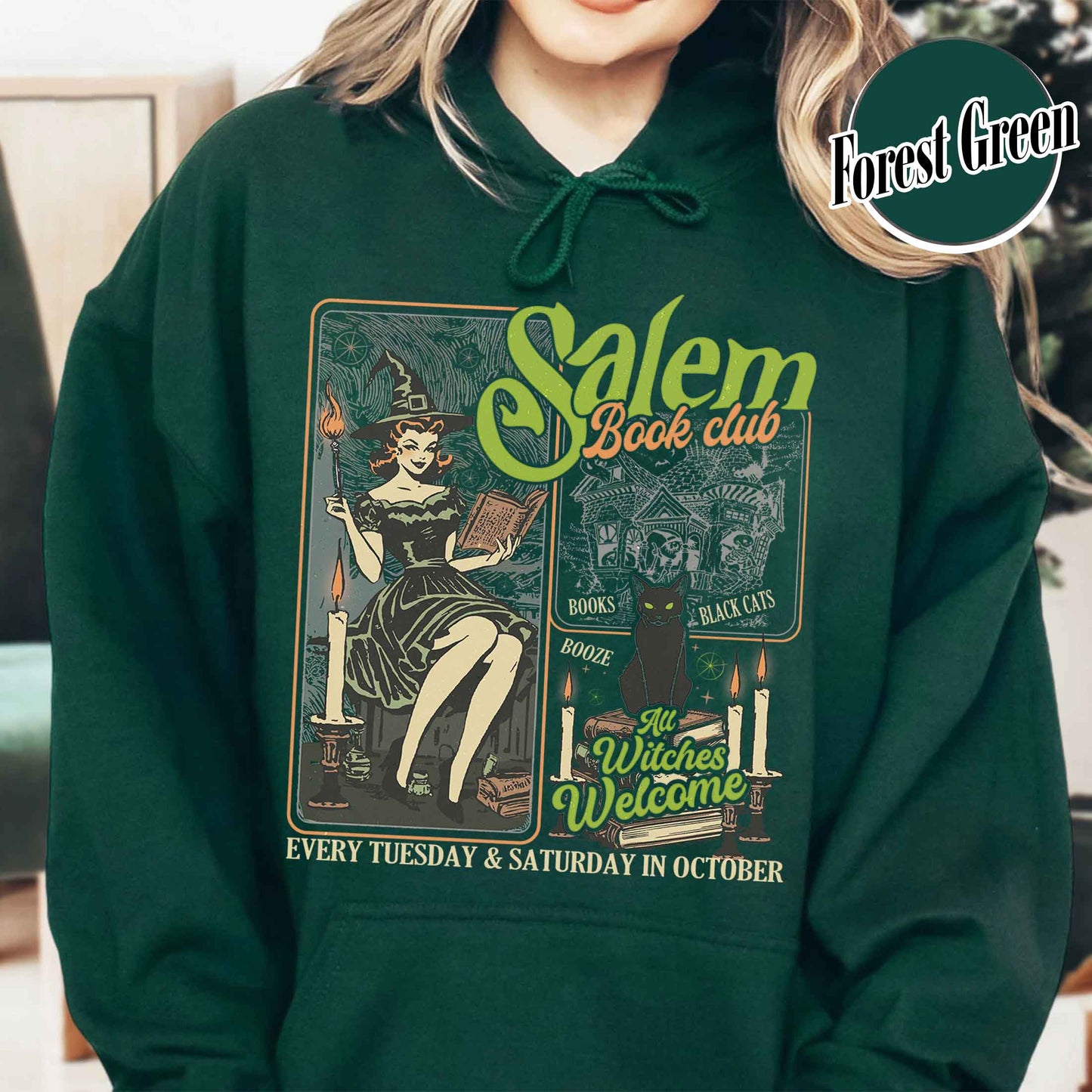 Halloween Bookish Hoodie, Salem Witch Book Club Hoodie, Black Cat Broom Hoodie