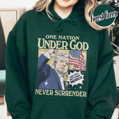 One Nation Under God Hoodie, Assassination 2024 Hoodie, Never Surrender Hoodie, Shot Assassination Attempt Hoodie, Rally Shooting American Hoodie