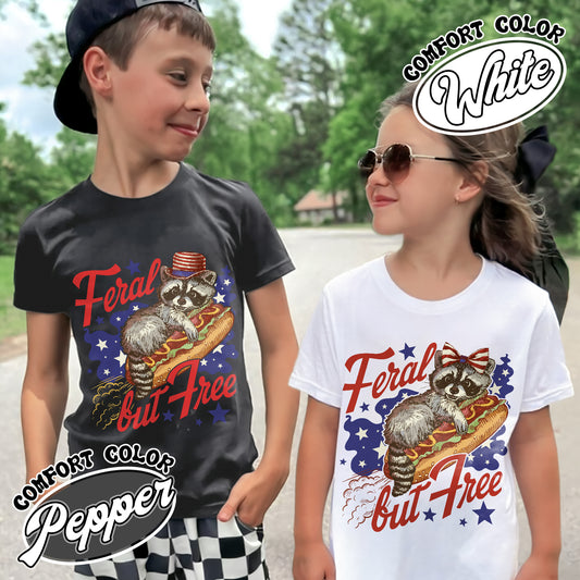 Funny 4th of July Boys Comfort Colors Youth Shirt,Feral But Free Fourth of July Kids Shirt, Patriotic Shirt