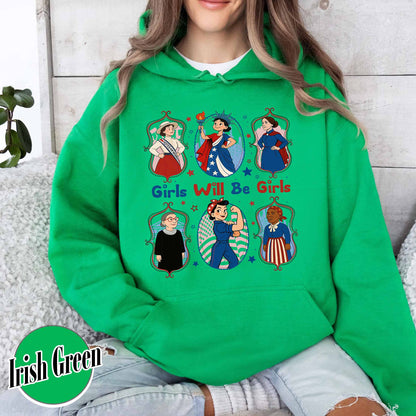 Girls Will be Girls Hoodie, Patriotic Feminist 4th of July Hoodie, Strong American Women Hoodie