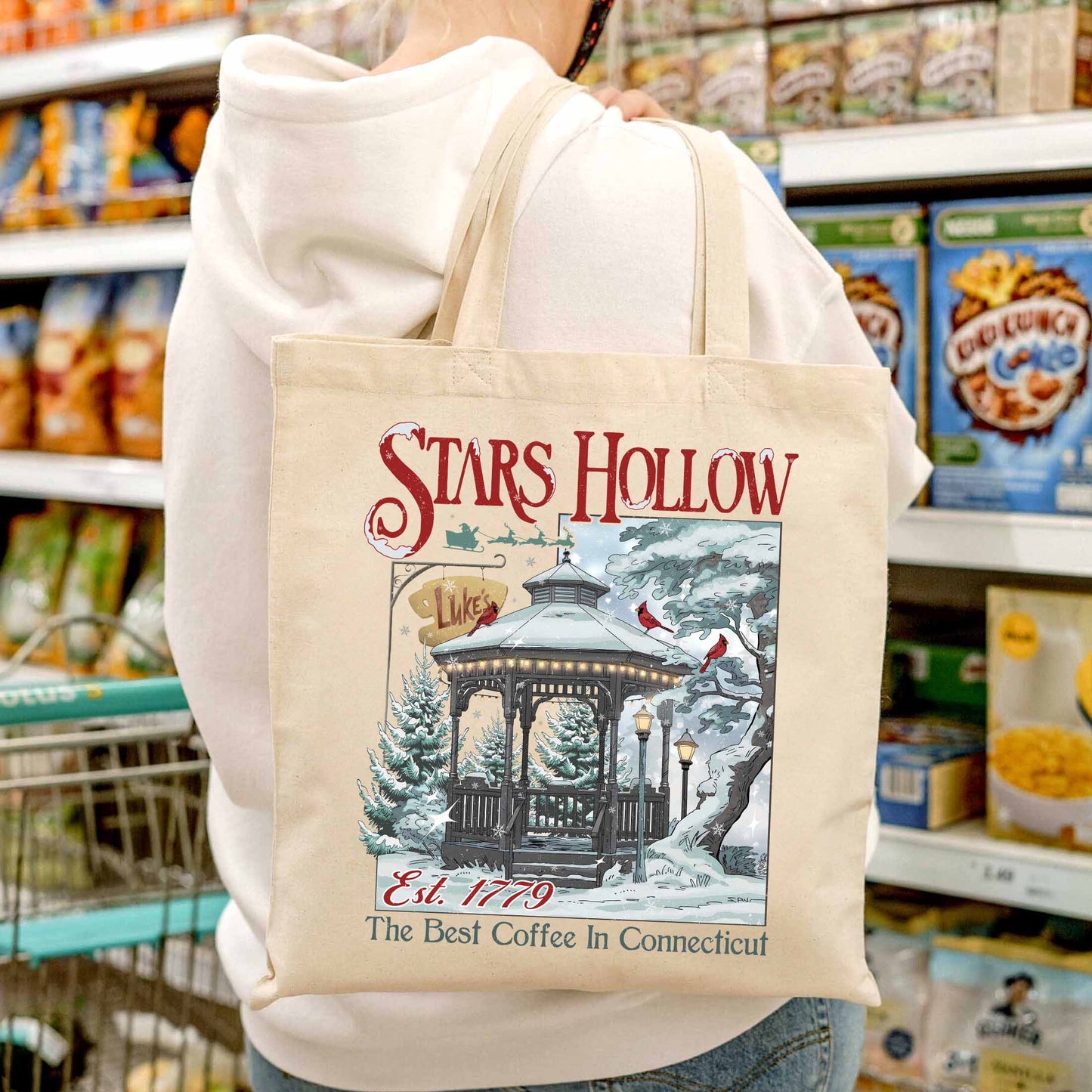 Christmas Festival Tote Bag, Stars Hollows 1779 Connecticut Tote Bag, Retro Style Tote Bag