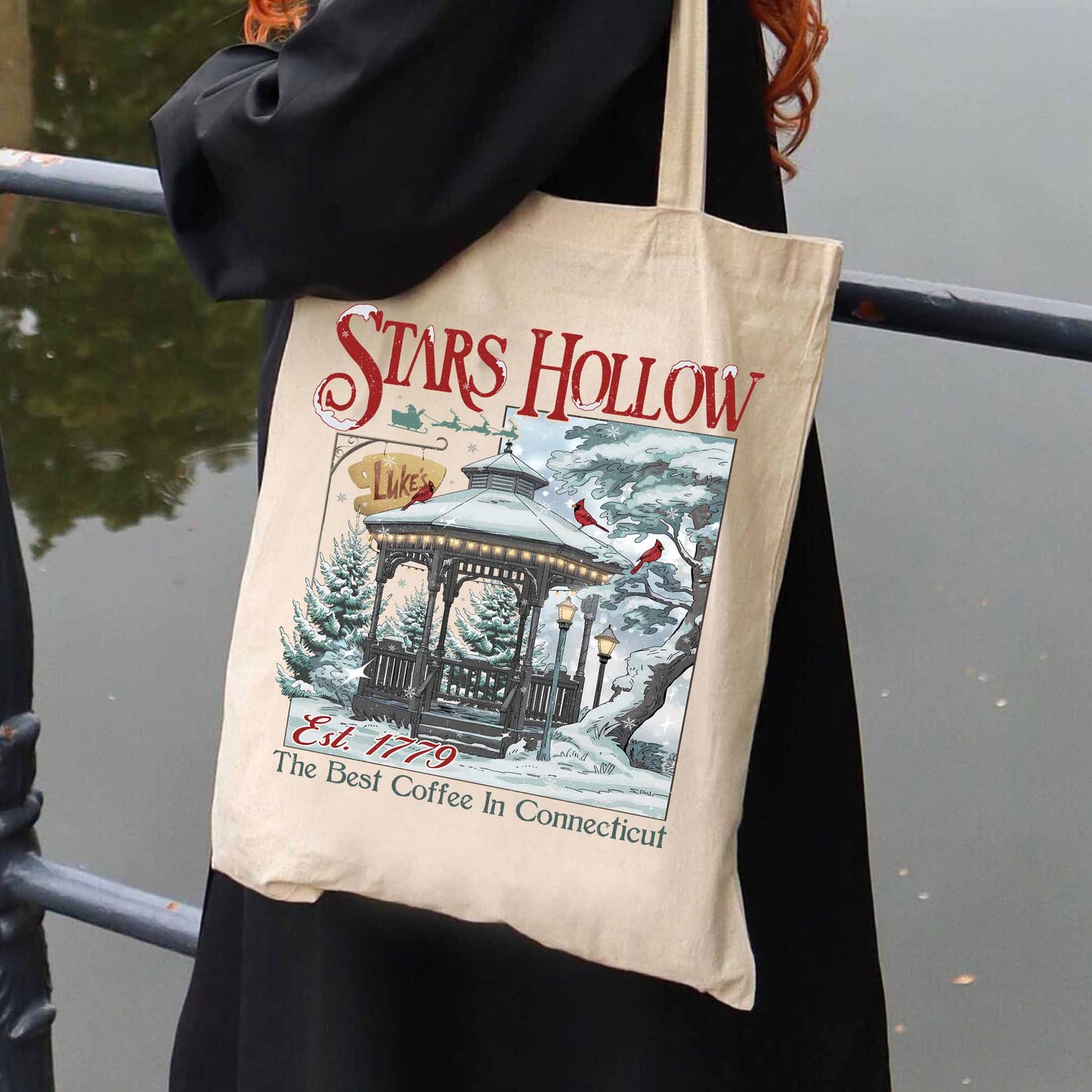 Christmas Festival Tote Bag, Stars Hollows 1779 Connecticut Tote Bag, Retro Style Tote Bag