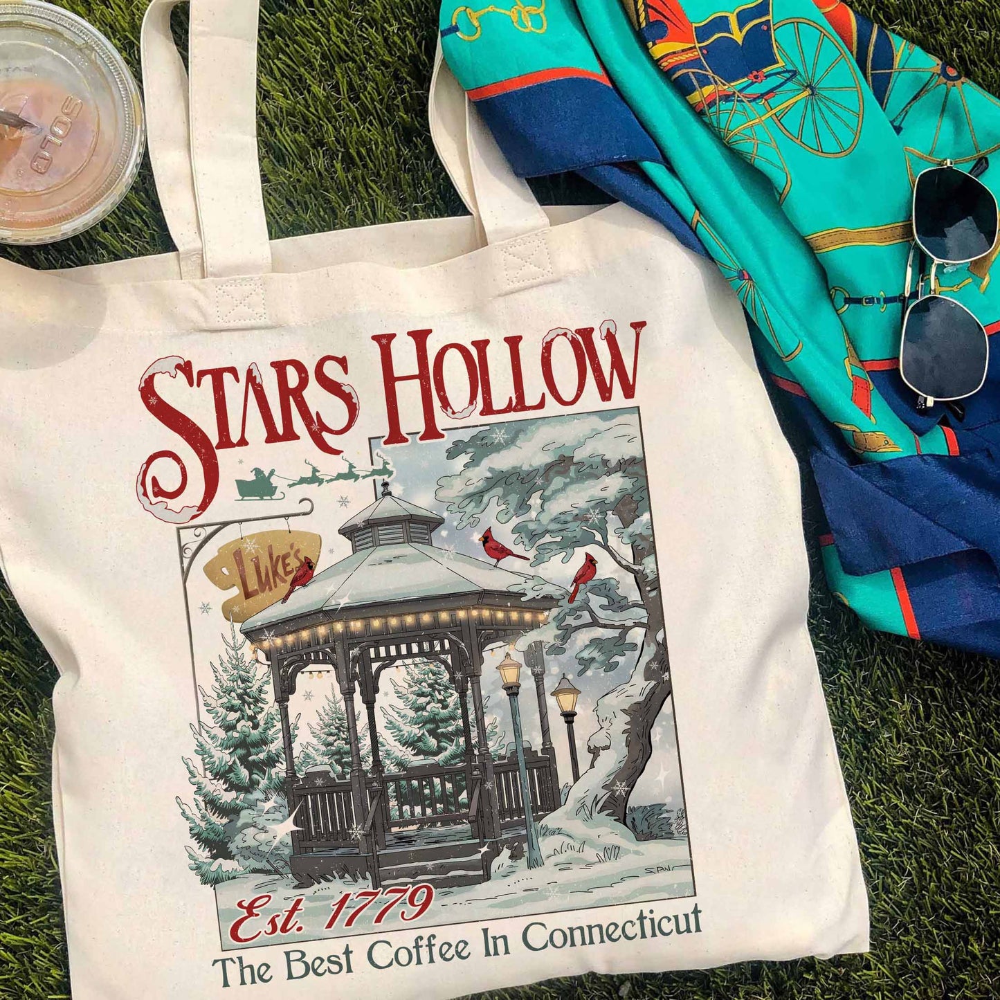 Christmas Festival Tote Bag, Stars Hollows 1779 Connecticut Tote Bag, Retro Style Tote Bag