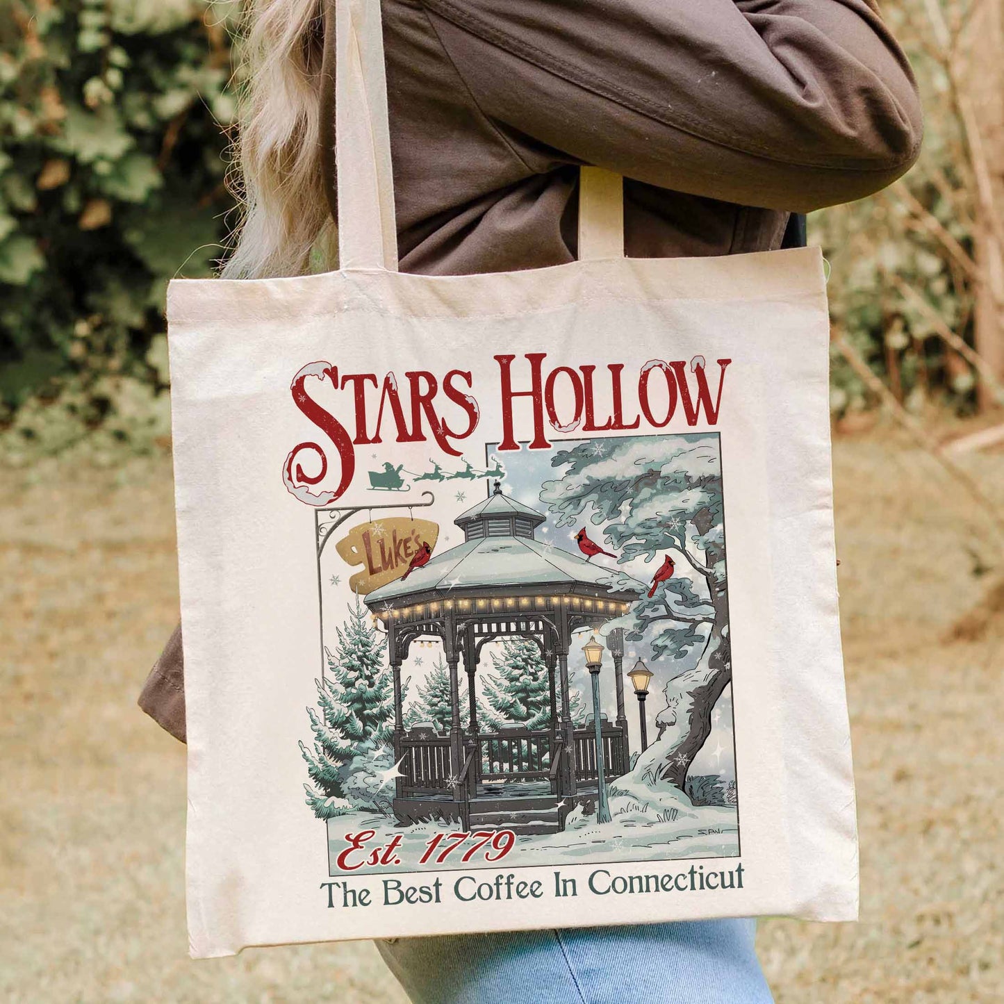 Christmas Festival Tote Bag, Stars Hollows 1779 Connecticut Tote Bag, Retro Style Tote Bag