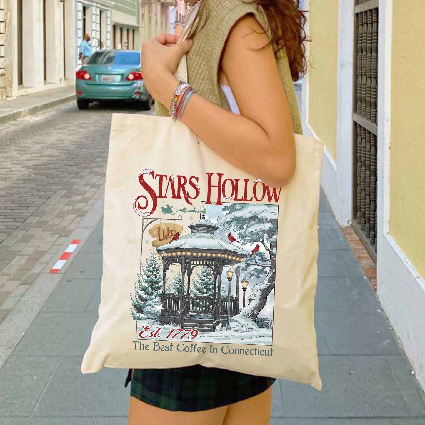Christmas Festival Tote Bag, Stars Hollows 1779 Connecticut Tote Bag, Retro Style Tote Bag