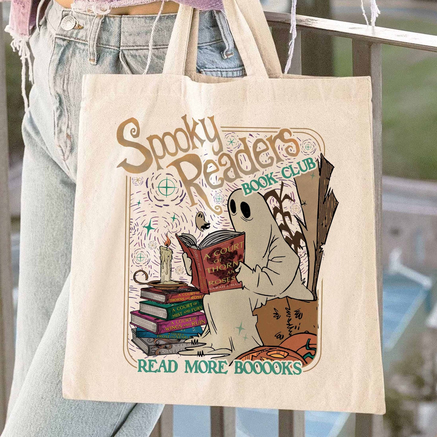 Acotar Ghost Bag, Bookish Halloween Bag, Spooky Book Lover Bag, Spooky Season Ghost Skeleton Bag, Throne Of Glass, Sjm Book Reader