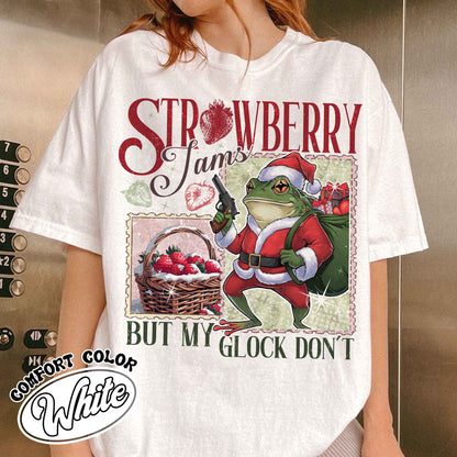 Strawberry Jams but My Glock Don’t Shirt, Funny Frog Graphic Tee-Shirt, Christmas Frog T-Shirt, Meme Shirt, Cowboy Frog, Funny Frog Cowboy Shirt