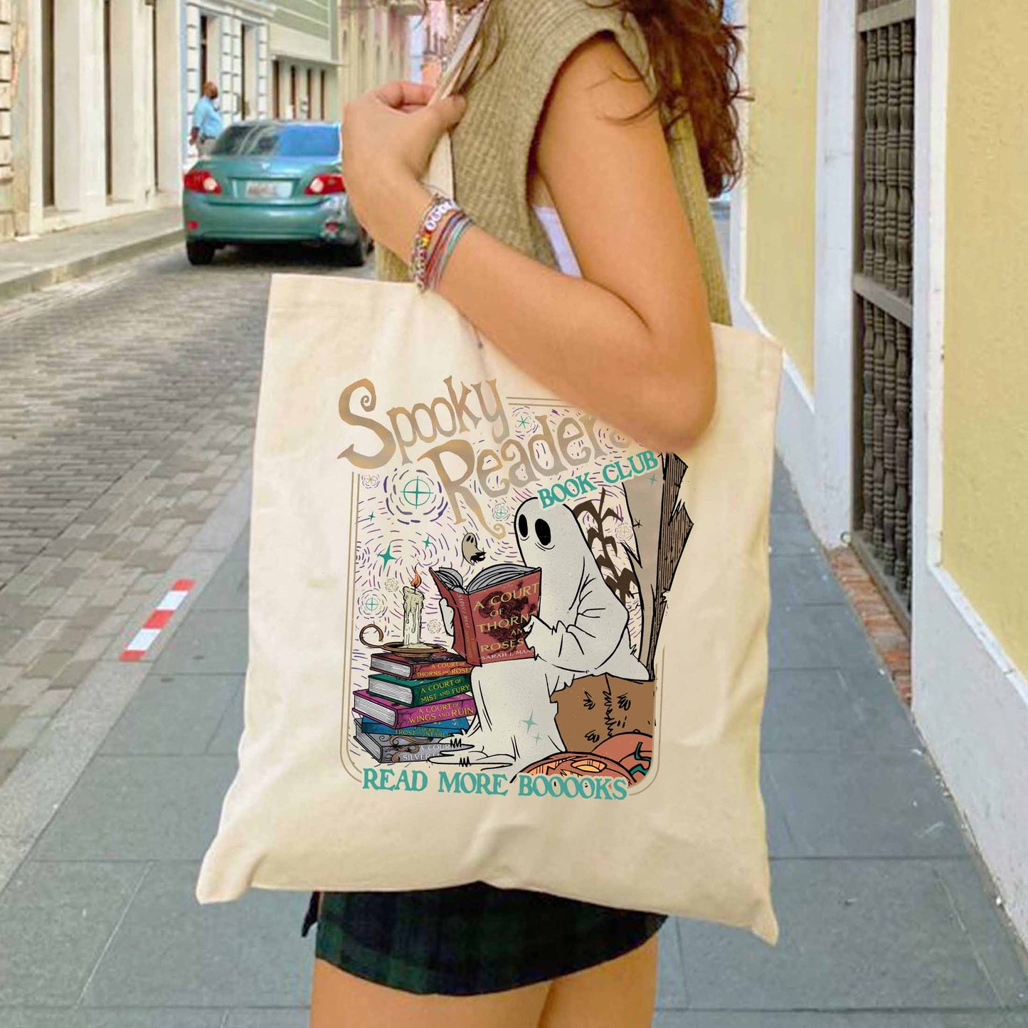 Acotar Ghost Bag, Bookish Halloween Bag, Spooky Book Lover Bag, Spooky Season Ghost Skeleton Bag, Throne Of Glass, Sjm Book Reader