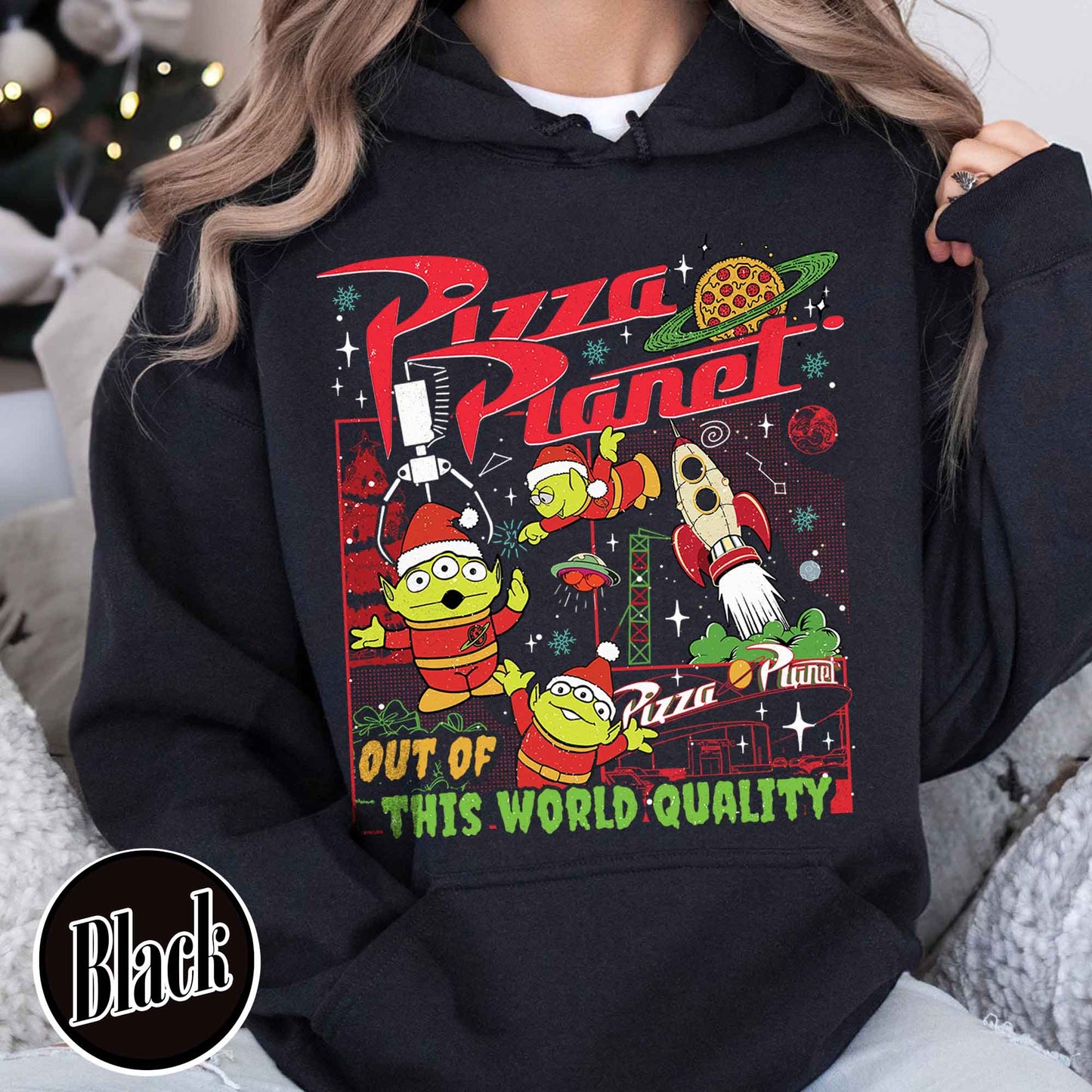 Pizza Planet Alien Hoodie, Pizza Planet Christmas Hoodie, Green Aliens Christmas Hoodie, Santa Aliens Christmas Lights Hoodie, Very Merry Xmas Hoodie