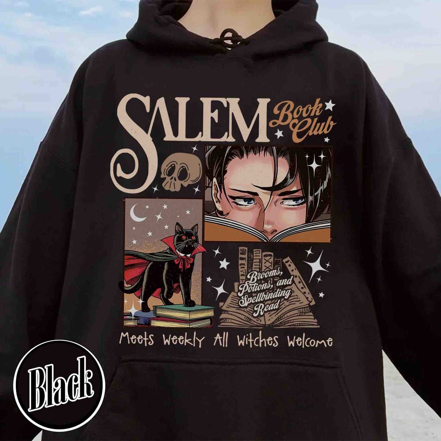 Halloween Hoodie, Retro Salem Book Club Hoodie, Black Cat Spooky Book Lover Hoodie