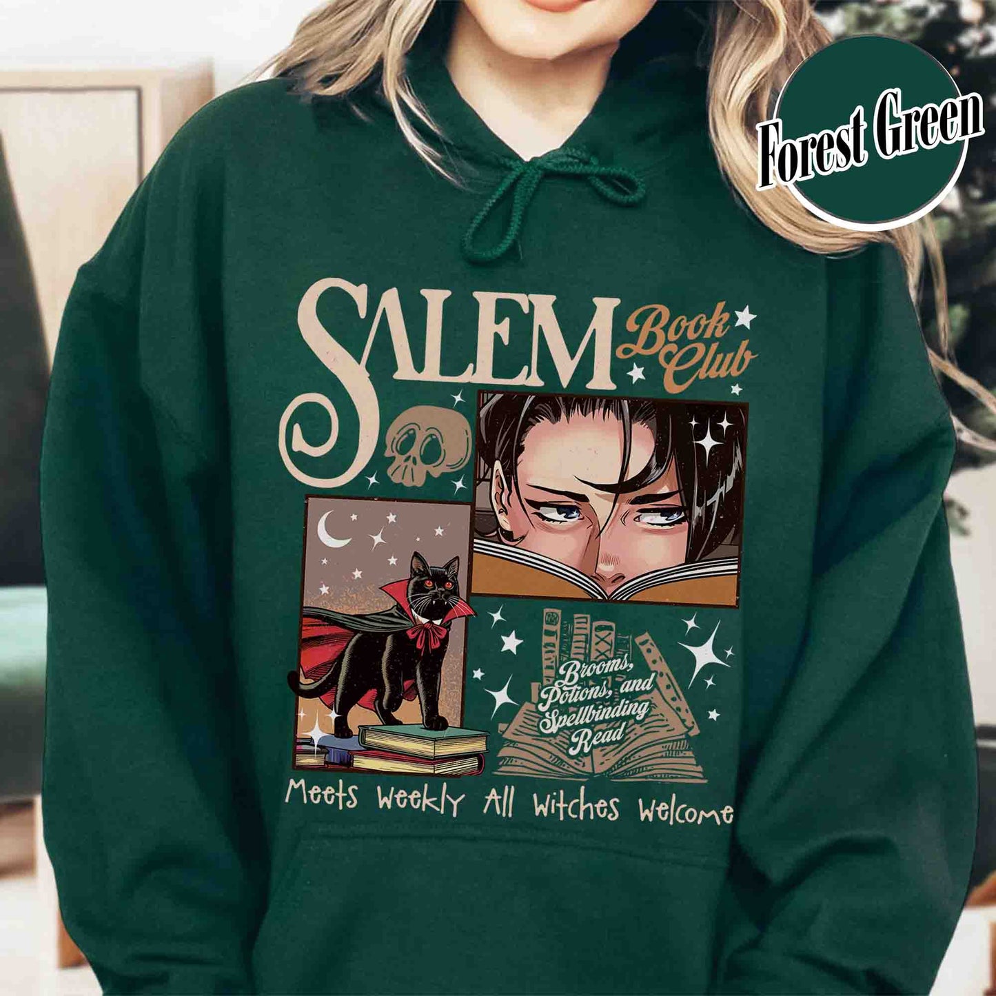Halloween Hoodie, Retro Salem Book Club Hoodie, Black Cat Spooky Book Lover Hoodie