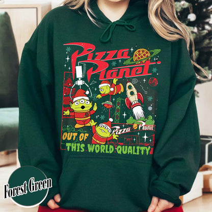 Pizza Planet Alien Hoodie, Pizza Planet Christmas Hoodie, Green Aliens Christmas Hoodie, Santa Aliens Christmas Lights Hoodie, Very Merry Xmas Hoodie