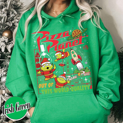 Pizza Planet Alien Hoodie, Pizza Planet Christmas Hoodie, Green Aliens Christmas Hoodie, Santa Aliens Christmas Lights Hoodie, Very Merry Xmas Hoodie