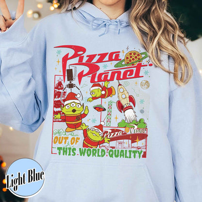 Pizza Planet Alien Hoodie, Pizza Planet Christmas Hoodie, Green Aliens Christmas Hoodie, Santa Aliens Christmas Lights Hoodie, Very Merry Xmas Hoodie