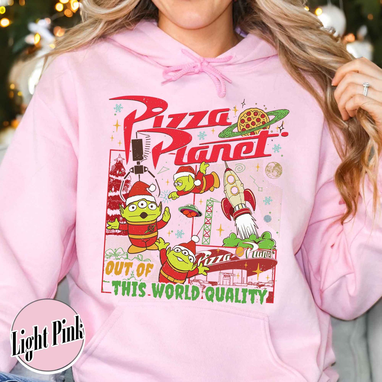 Pizza Planet Alien Hoodie, Pizza Planet Christmas Hoodie, Green Aliens Christmas Hoodie, Santa Aliens Christmas Lights Hoodie, Very Merry Xmas Hoodie