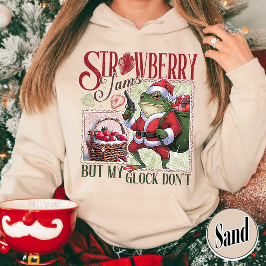 Strawberry Jams but My Glock Don’t Hoodie, Funny Frog Graphic Tee-Shirt, Christmas Frog T-Shirt, Meme Shirt, Cowboy Frog, Funny Frog Cowboy Shirt