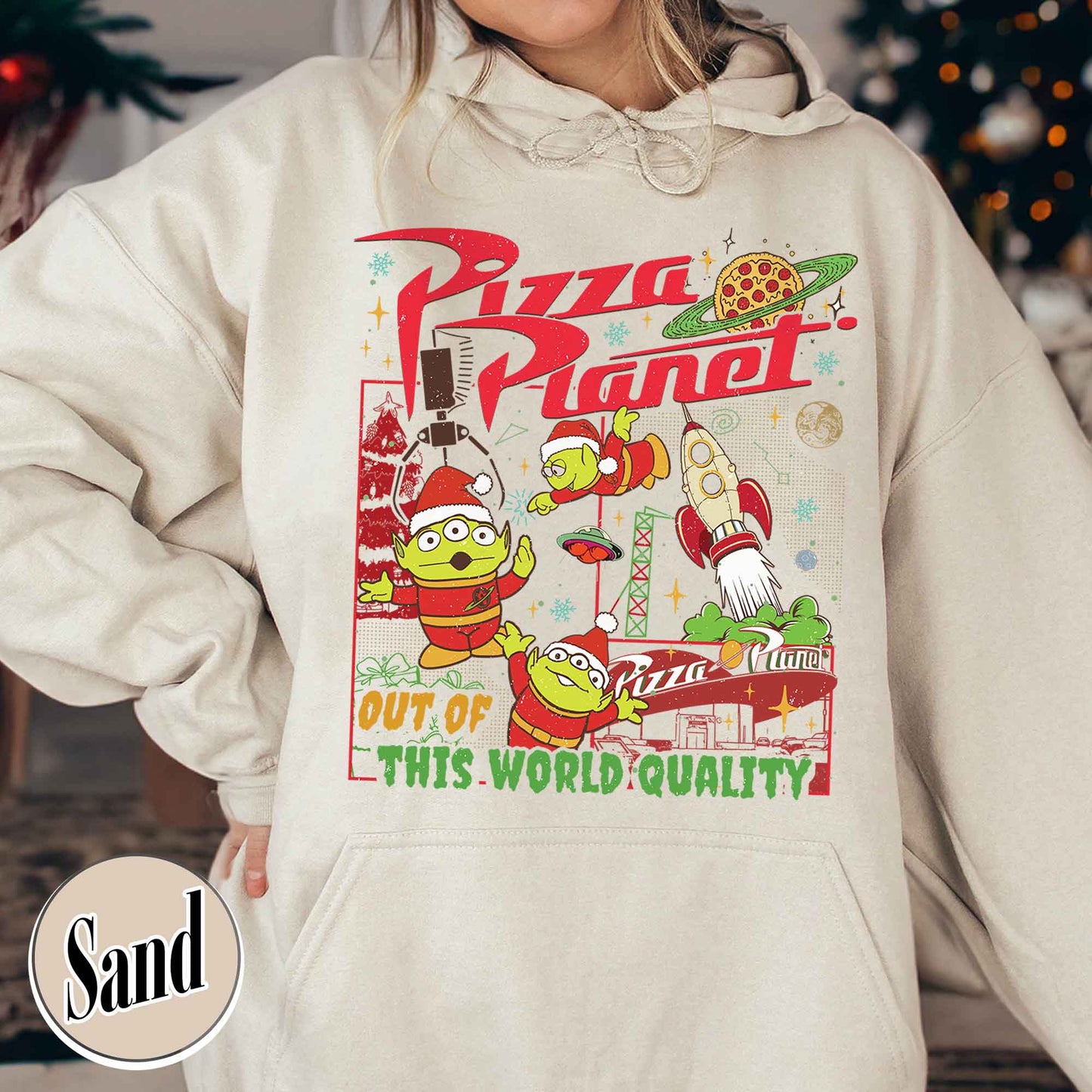 Pizza Planet Alien Hoodie, Pizza Planet Christmas Hoodie, Green Aliens Christmas Hoodie, Santa Aliens Christmas Lights Hoodie, Very Merry Xmas Hoodie