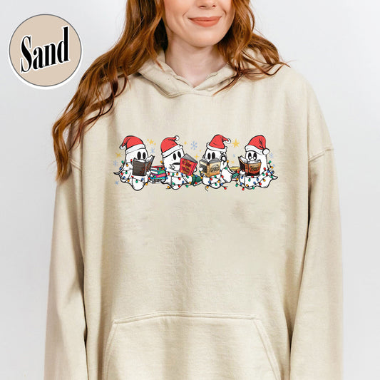 Book Lover Hoodie, Christmas Cute Ghost Read Acotar Book Hoodie, Christmas Ghost Reading Hoodie