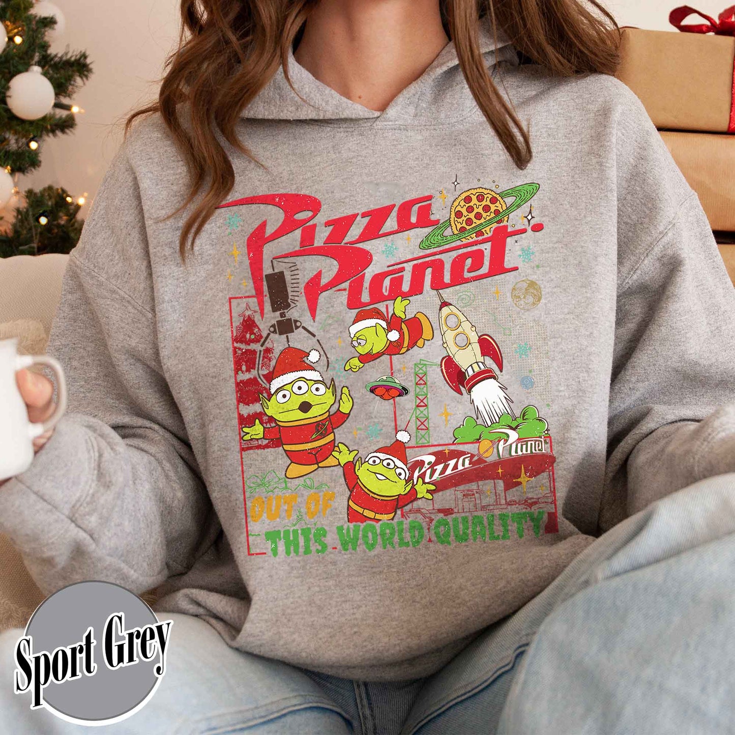 Pizza Planet Alien Hoodie, Pizza Planet Christmas Hoodie, Green Aliens Christmas Hoodie, Santa Aliens Christmas Lights Hoodie, Very Merry Xmas Hoodie