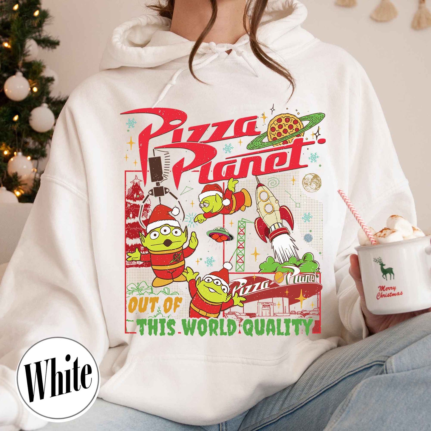 Pizza Planet Alien Hoodie, Pizza Planet Christmas Hoodie, Green Aliens Christmas Hoodie, Santa Aliens Christmas Lights Hoodie, Very Merry Xmas Hoodie