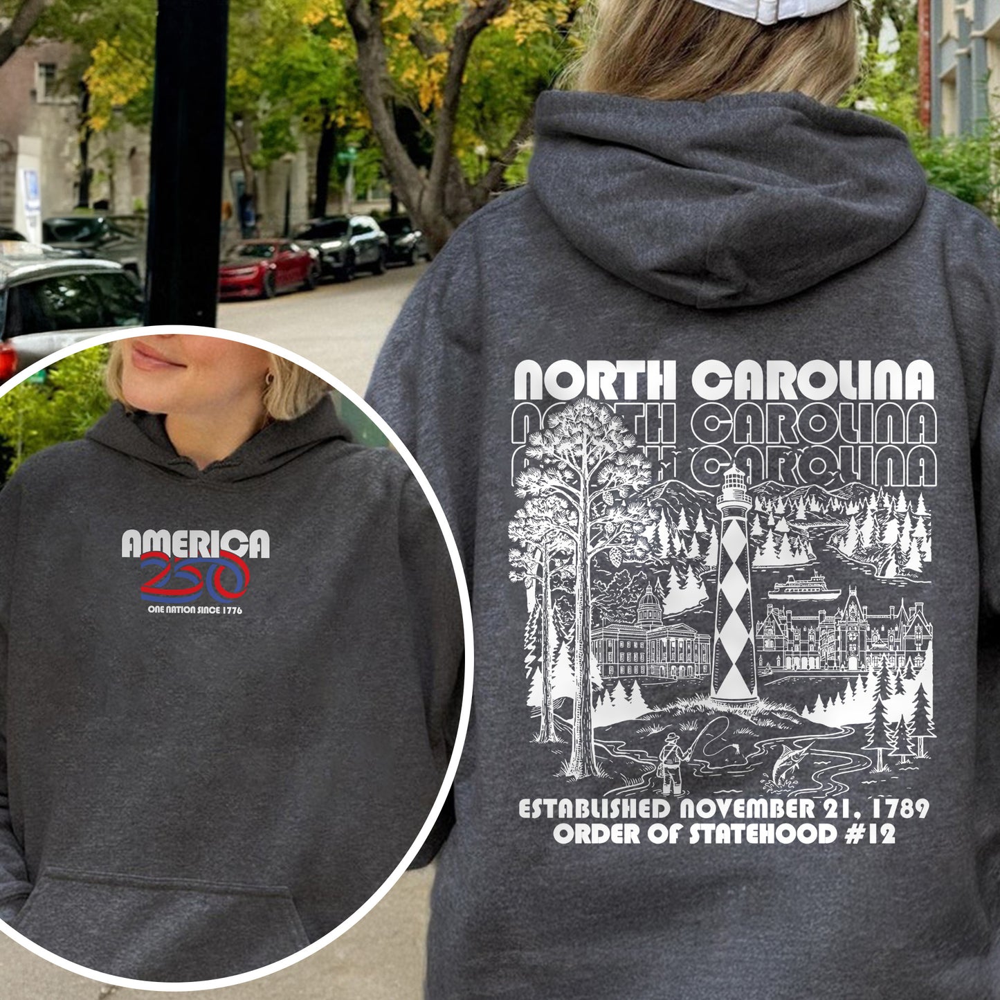 America 250 - USA 250th Anniversary - North Carolina - One Nation Since 1776 - American Heritage Hoodie