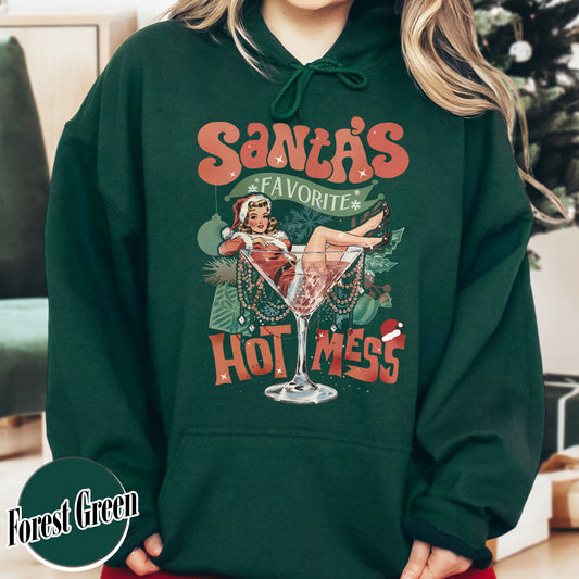 Santa Favorite Hot Mess Wine Hoodie, Christmas Martini Hoodie, Martini Christmas Hoodie, Coquette Christmas Drink Hoodie, Espresso Martini Christmas