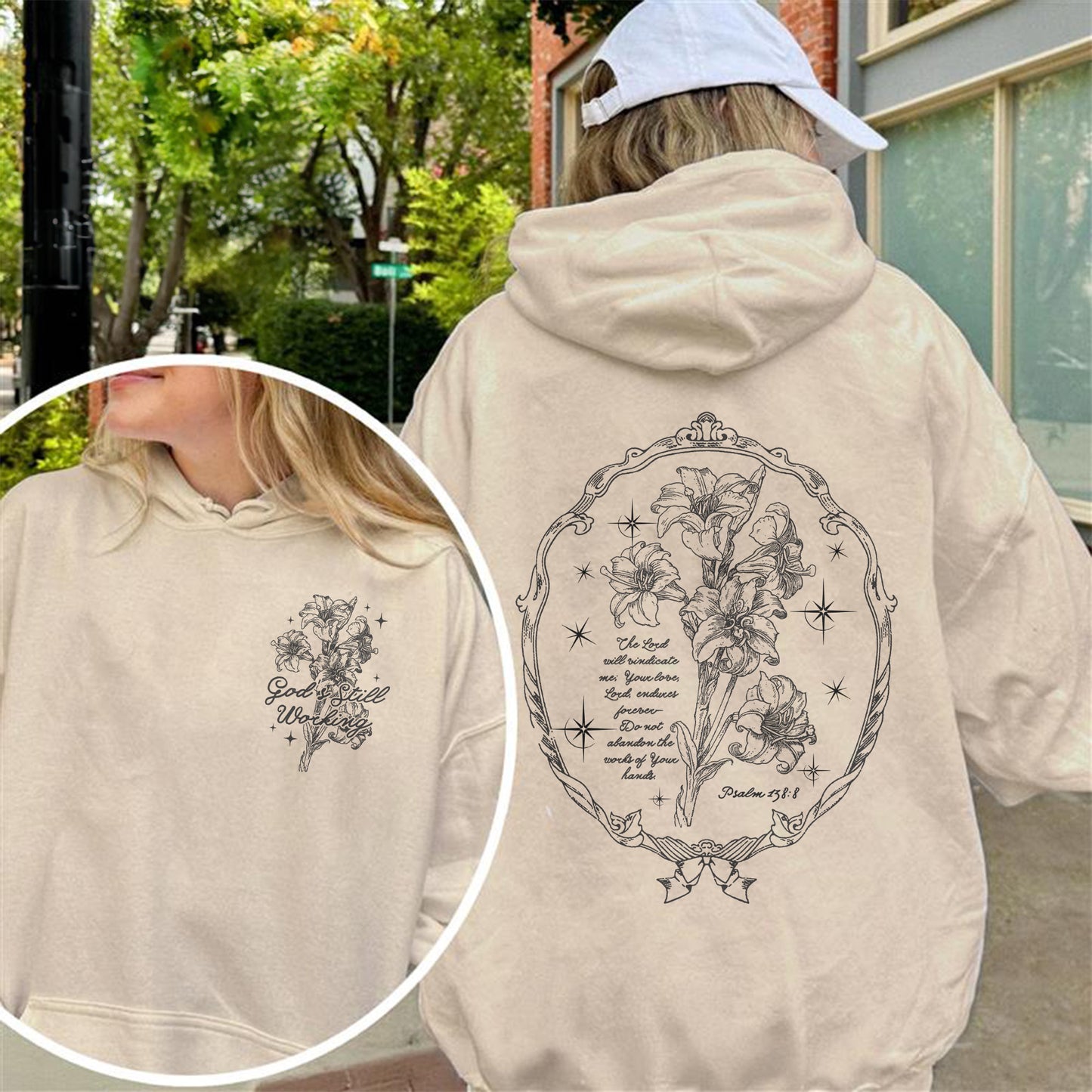 God’s Still Working – Vintage Botanical Faith & Psalm 138:8 Illustration Hoodie