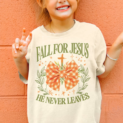 Fall For Jesus: Christian Faith, He Never Leaves Autumn Praise Youth Tshirt