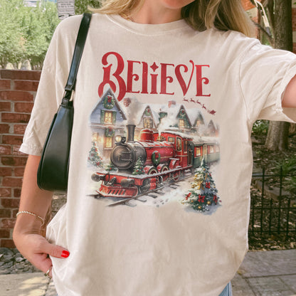Believe Polar Express Christmas Train Shirt | Holiday Santa Sleigh Tee