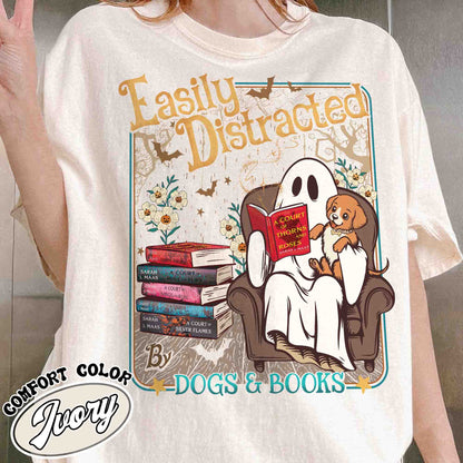 Easily Distracted Dogs And Books Shirt, Books And Dogs Shirt, Ghost Reading Books Shirt, Halloween Little Ghost Shirt, Book Lover Ghost Gift