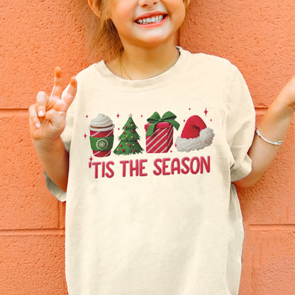 Tis The Season Shirt: Christmas Coffee, Holiday Gift, Santa Hat Tree, Festive Christmas Outfit Youth Tshirt