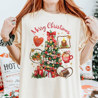 Vintage Merry Christmas Shirt – Christmas Tree Candy Cane Hot Cocoa Holiday Tee