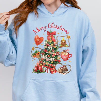 Vintage Merry Christmas Hoodie – Christmas Tree Candy Cane Hot Cocoa Holiday Hoodie