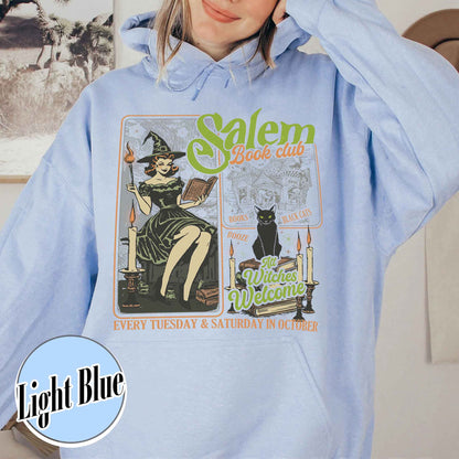Halloween Bookish Hoodie, Salem Witch Book Club Hoodie, Black Cat Broom Hoodie