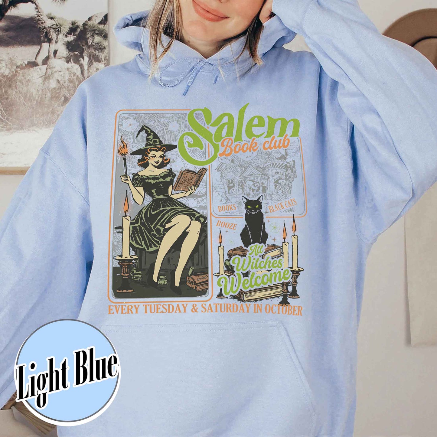 Halloween Bookish Hoodie, Salem Witch Book Club Hoodie, Black Cat Broom Hoodie