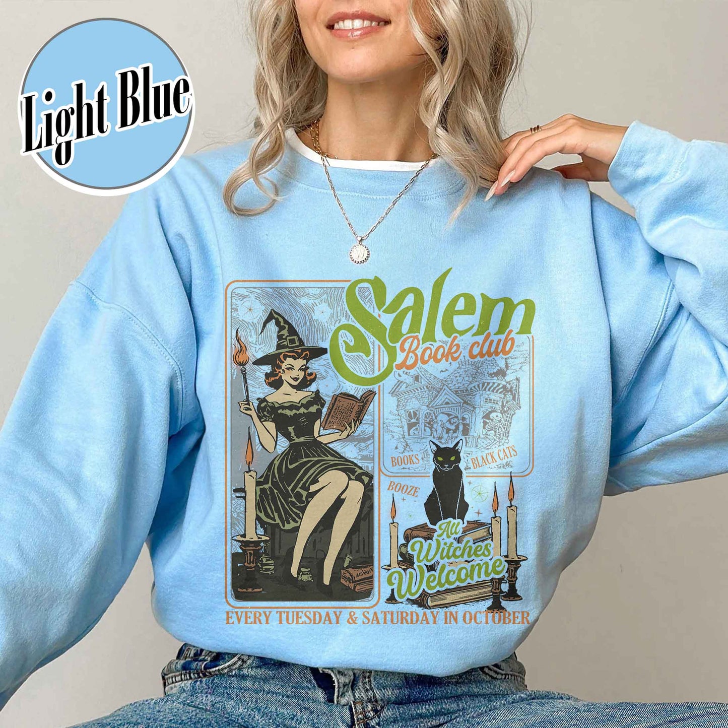 Halloween Bookish Sweatshirt, Salem Witch Book Club Sweatshirt, Black Cat Broom Sweatshirt