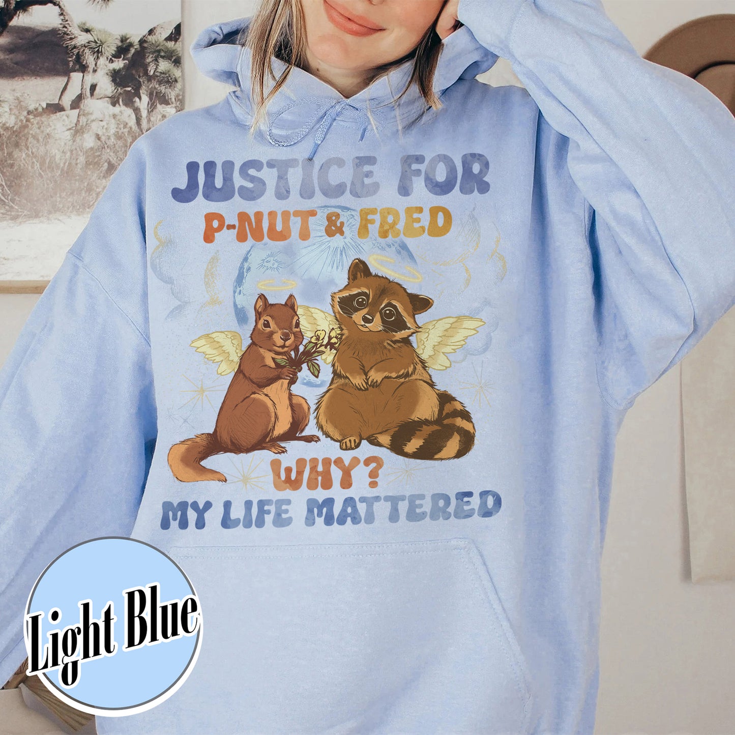 Justice for P'nut and Fred Hoodie,P’Nut The Squirrel,Raccoon With Moon Hoodie,Animal Rights Hoodie,P'nut and Raccoons Vintage Graphic Hoodie