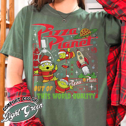 Pizza Planet Alien Shirt, Pizza Planet Christmas Shirt, Green Aliens Christmas Shirt, Santa Aliens Christmas Lights Tee, Very Merry Xmas Tee