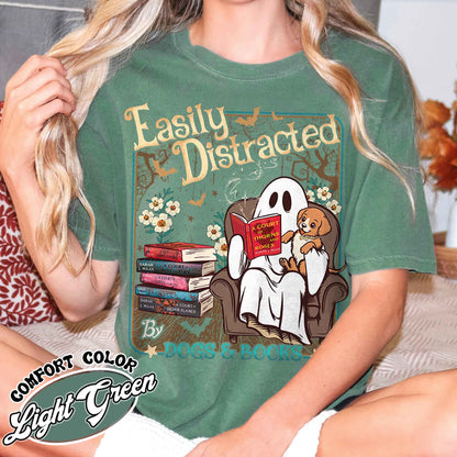 Easily Distracted Dogs And Books Shirt, Books And Dogs Shirt, Ghost Reading Books Shirt, Halloween Little Ghost Shirt, Book Lover Ghost Gift