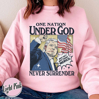 One Nation Under God Sweatshirt, Assassination 2024 Shirt, Never Surrender Shirt, Shot Assassination Attempt Shirt, Rally Shooting American Shirt