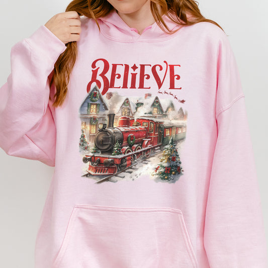 Believe Polar Express Christmas Train Hoodie | Holiday Santa Sleigh Hoodie