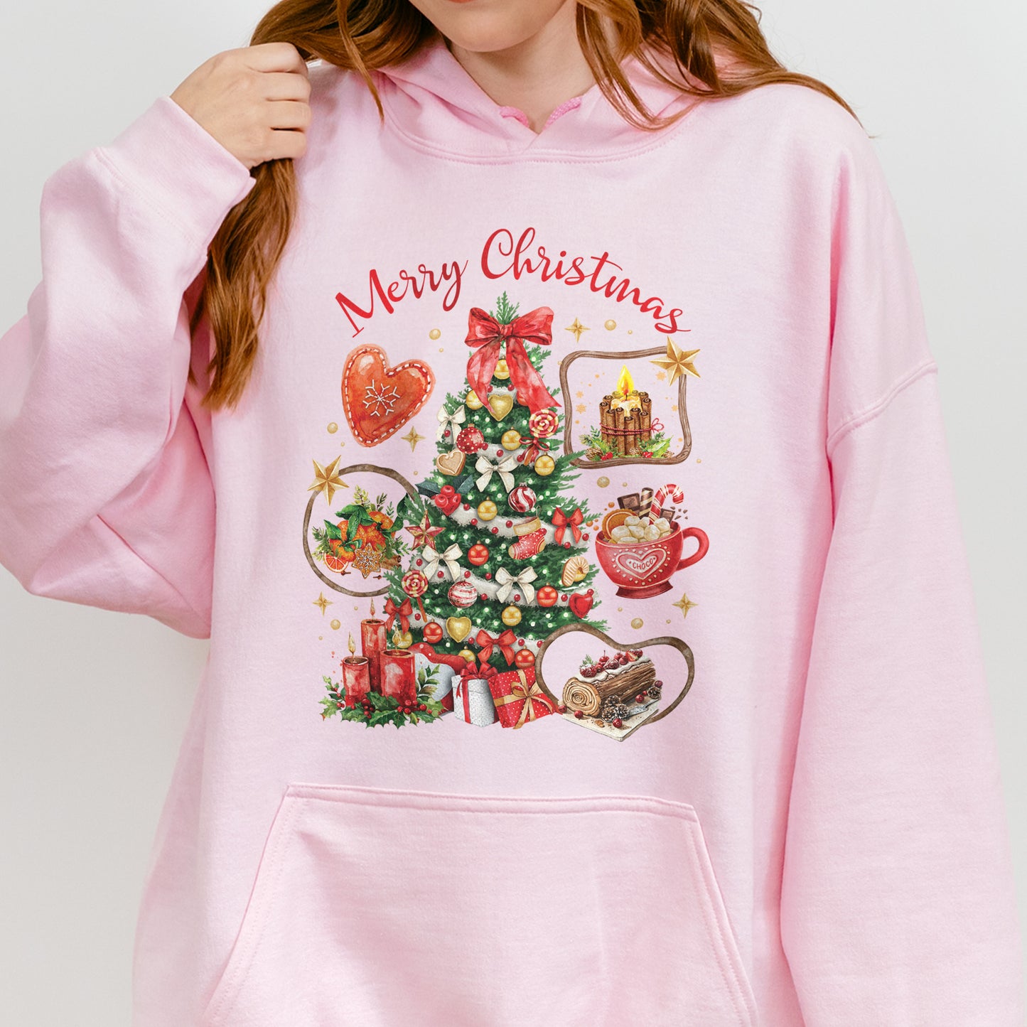 Vintage Merry Christmas Hoodie – Christmas Tree Candy Cane Hot Cocoa Holiday Hoodie