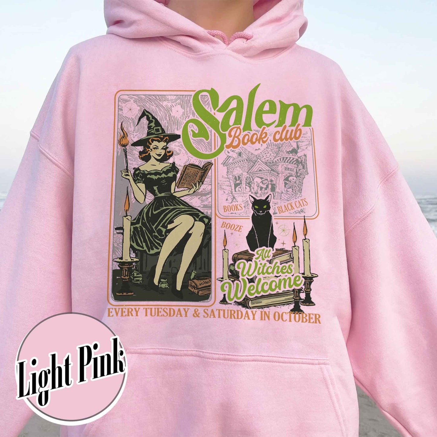 Halloween Bookish Hoodie, Salem Witch Book Club Hoodie, Black Cat Broom Hoodie