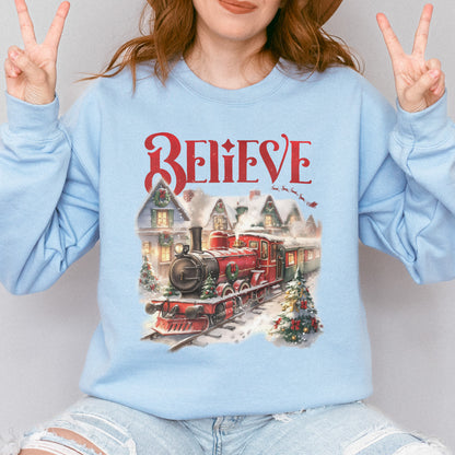 Believe Polar Express Christmas Train Sweatshirt | Holiday Santa Sleigh Sweatshirt