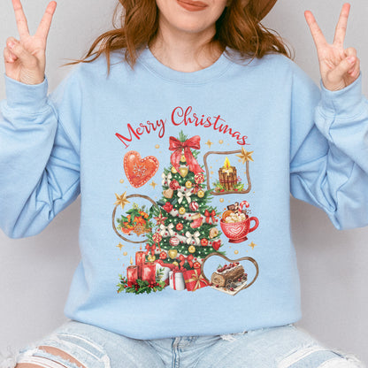 Vintage Merry Christmas Sweatshirt – Christmas Tree Candy Cane Hot Cocoa Holiday Sweatshirt