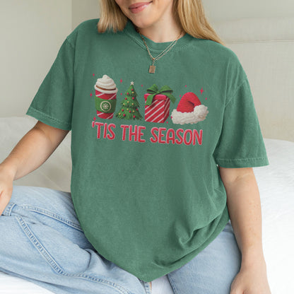 Tis The Season Shirt: Christmas Coffee, Holiday Gift, Santa Hat Tree, Festive Christmas Outfit Tshirt
