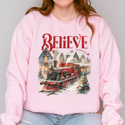 Believe Polar Express Christmas Train Sweatshirt | Holiday Santa Sleigh Sweatshirt