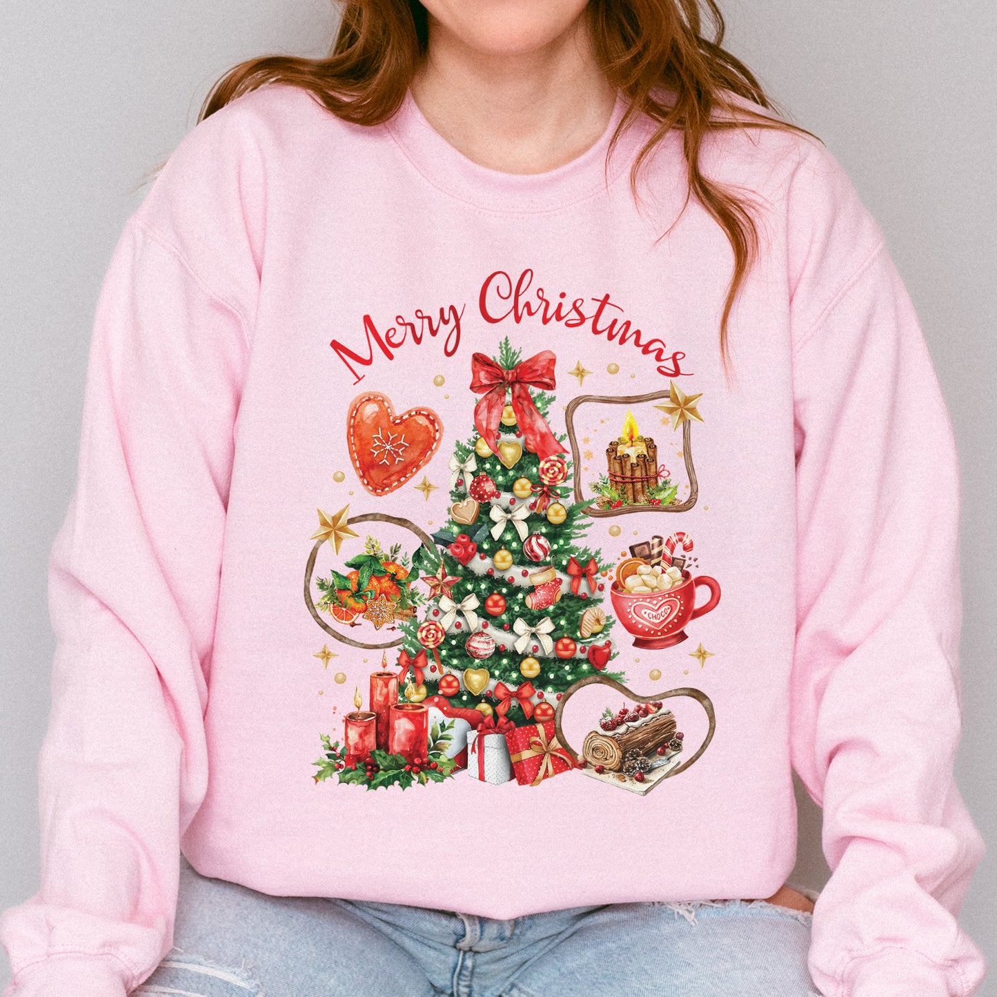 Vintage Merry Christmas Sweatshirt – Christmas Tree Candy Cane Hot Cocoa Holiday Sweatshirt