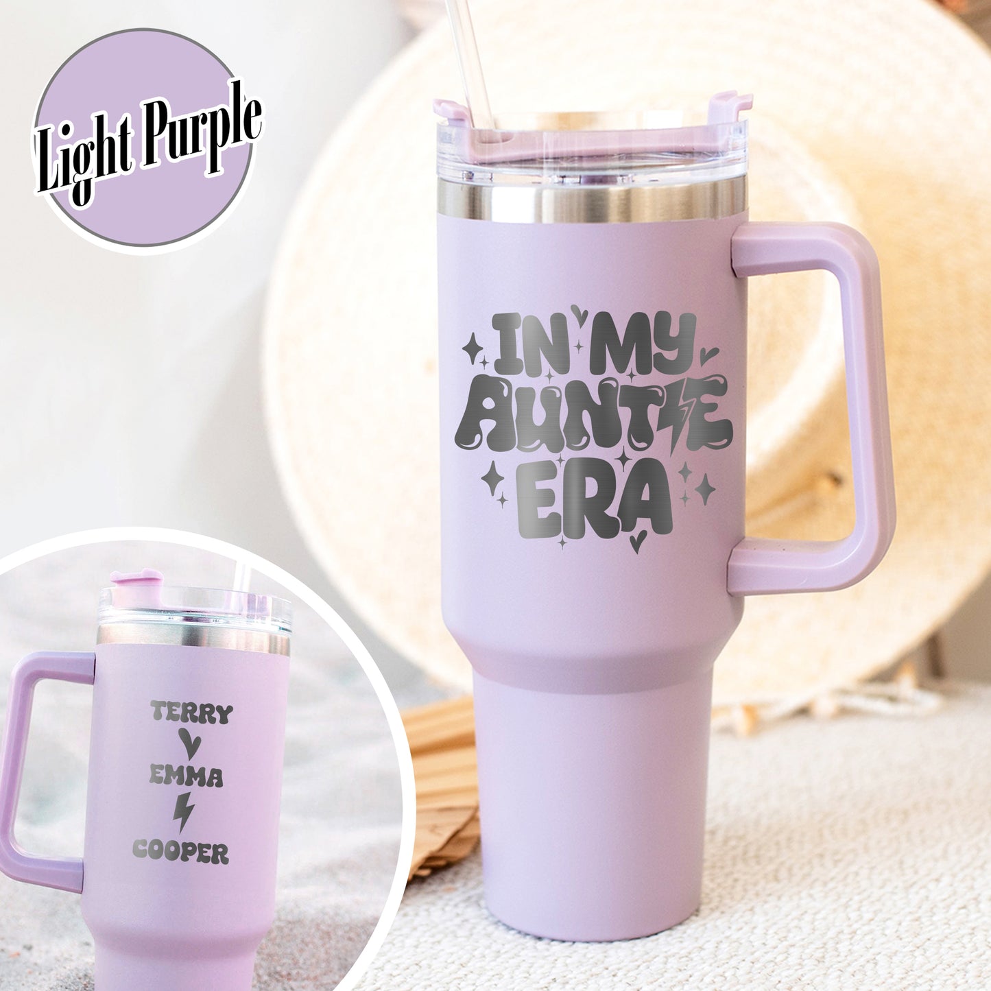 Personalized Auntie Tumbler 40oz, Auntie Era Tumbler, In My Auntie Era Tumbler, Auntie Gift, Promoted To Auntie Tumbler, Tumbler With Handle